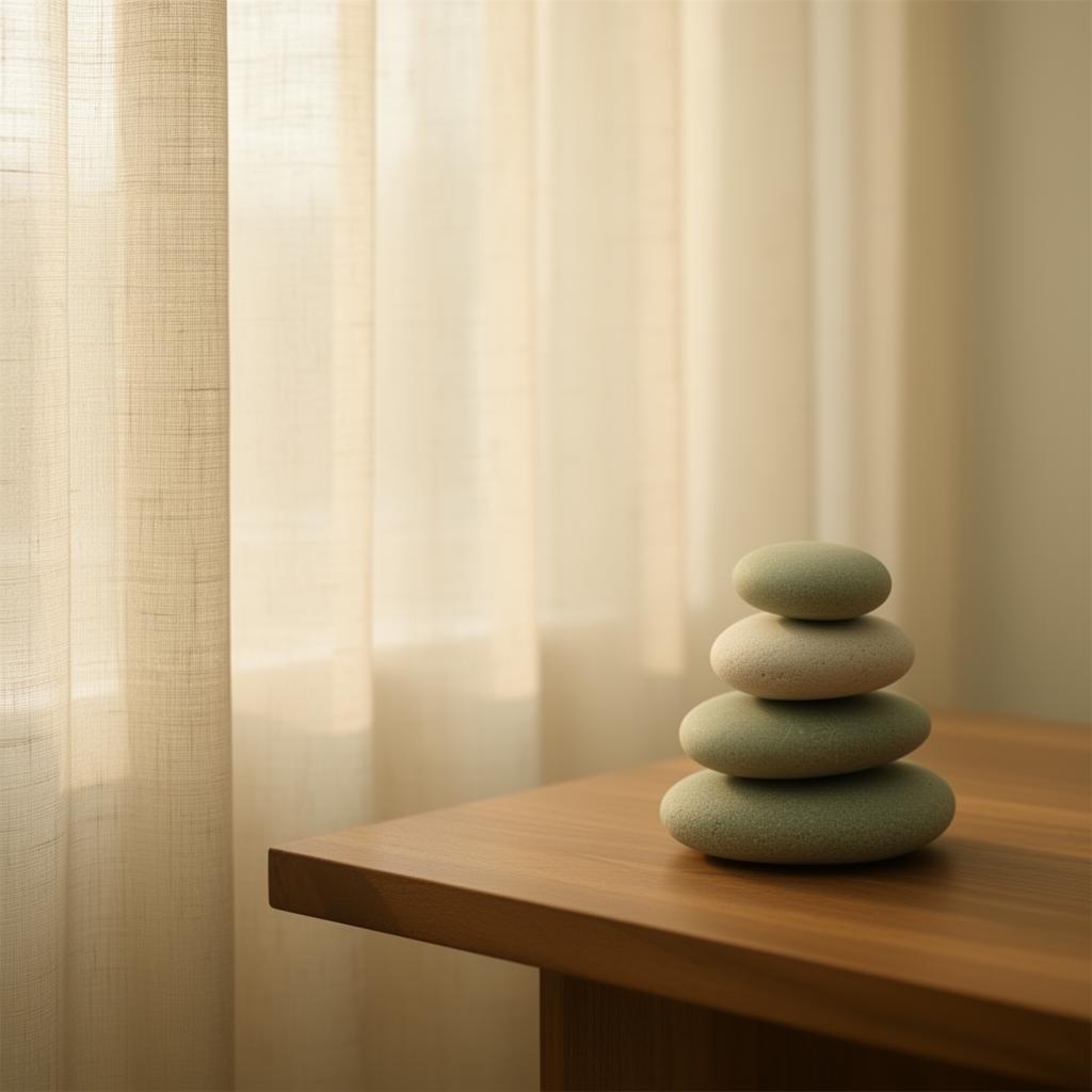 A calm, minimalist still life with stacked pebbles in soft natural light